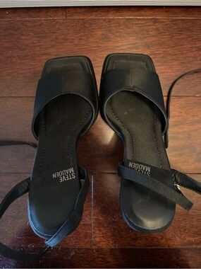 Steve Madden Black Satin Square Toe Block Heels with Ankle Wrap